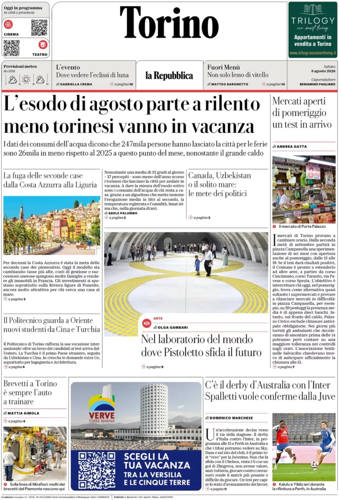 repubblica torino prime pagine 8 agosto juventus